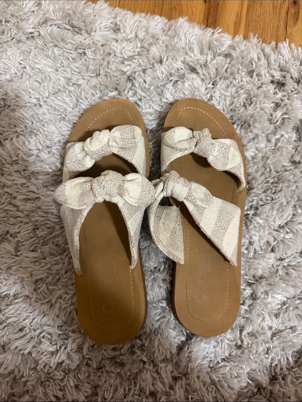 Corkys Cream Stripe Knot Slide Sandals with Tan Footbed